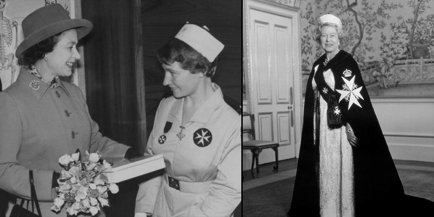 A photo of Queen Elizabeth II meeting a member of St John Ambulance and also of Queen Elizabeth II in the robes  of the Order of St John as Sovereign Head. 